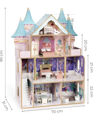 Drewniany domek dla lalek zamek Bella 4 piętra 5 pomieszczeń 15 mebelków ECOTOYS