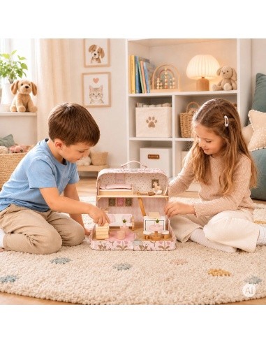 Lėlių namelis lagamine su mediniais baldais ir 20 priedų rinkiniu ECOTOYS