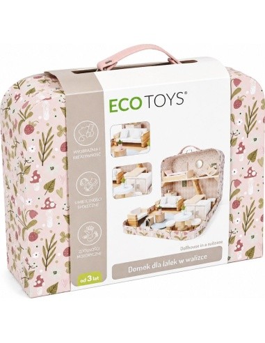 Lėlių namelis lagamine su mediniais baldais ir 20 priedų rinkiniu ECOTOYS