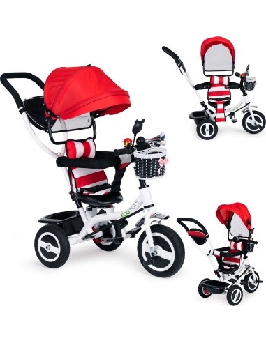 Triratukas ECOTOYS su pasukama sėdyne ir stogeliu, tvirti guminiai ratai, raudonas
