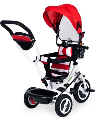 Triratukas ECOTOYS su pasukama sėdyne ir stogeliu, tvirti guminiai ratai, raudonas