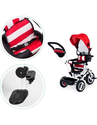 Triratukas ECOTOYS su pasukama sėdyne ir stogeliu, tvirti guminiai ratai, raudonas