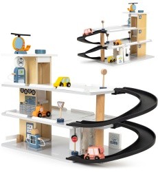 Large wooden garage parking with elevator + cars helicopter car wash ECOTOYS