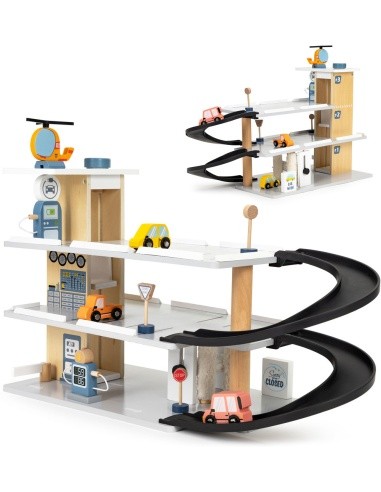 Large wooden garage parking with elevator + cars helicopter car wash ECOTOYS