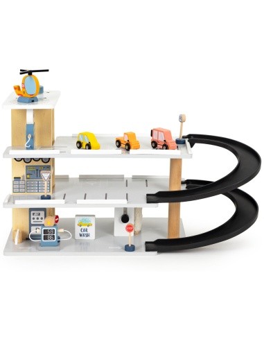 Large wooden garage parking with elevator + cars helicopter car wash ECOTOYS