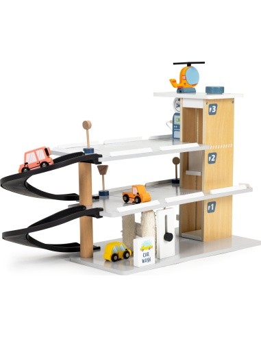 Didelis medinis garažas su liftu, automobiliais, sraigtasparniu ir automobilių plovykla ECOTOYS