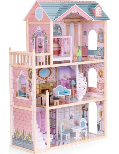 Medinis lėlių namas ECOTOYS, 3 aukštų, 11 baldų