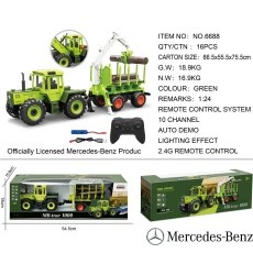 Green tractor 1:24 with remote control Mercedes Benz + Wooden trailer with crane