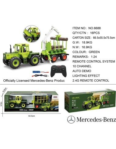 Green tractor 1:24 with remote control Mercedes Benz + Wooden trailer with crane