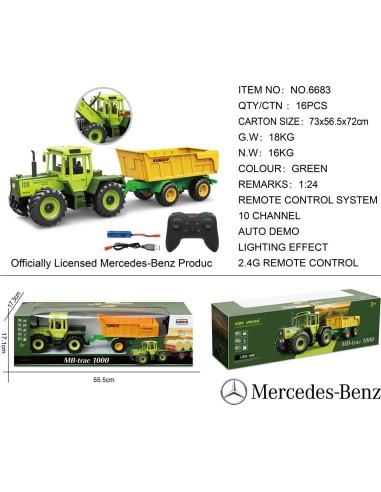 Green tractor 1:24 with remote control Mercedes Benz + Yellow trailer