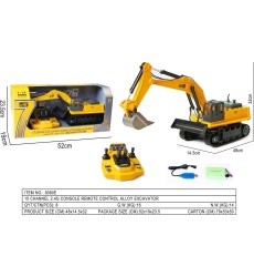 Yellow R/C excavator with control panel
