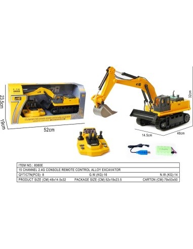 Yellow R/C excavator with control panel
