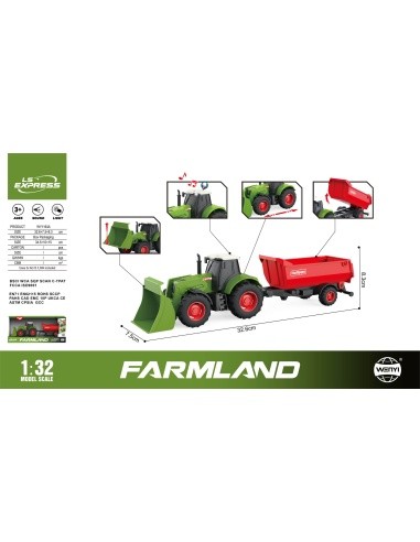 Green Tractor with Lights & Sound Function 1:32 + Red Trailer