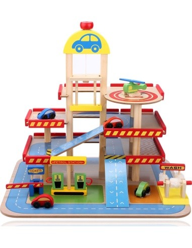 Wooden garage, large parking lot with elevator + cars Ecotoys